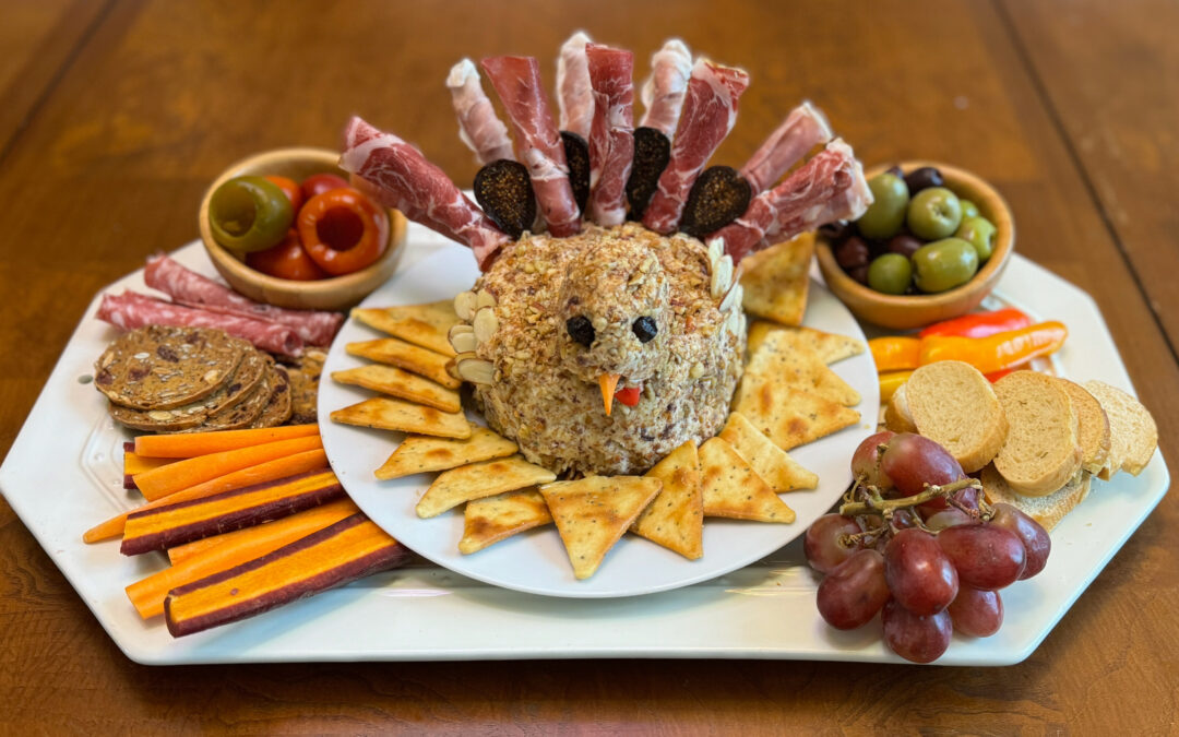 Turkuterie Board with Turkey Shaped Cheeseball